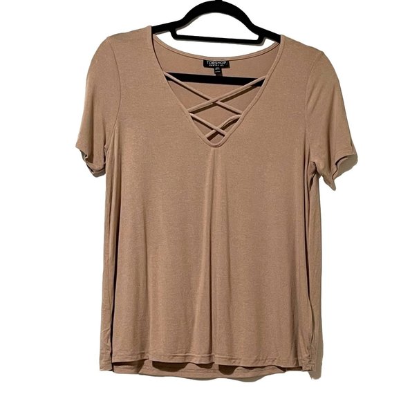 Topshop Tops - TOPSHOP women's size 4 tan criss cross strap v neck short sleeve top